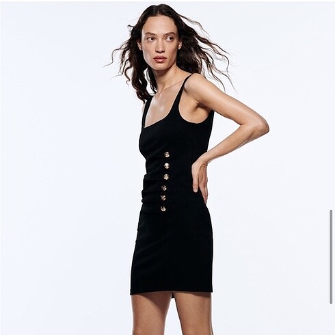 Zara Zara Düğmeli Drapeli Gold Düğmeli Elbise
