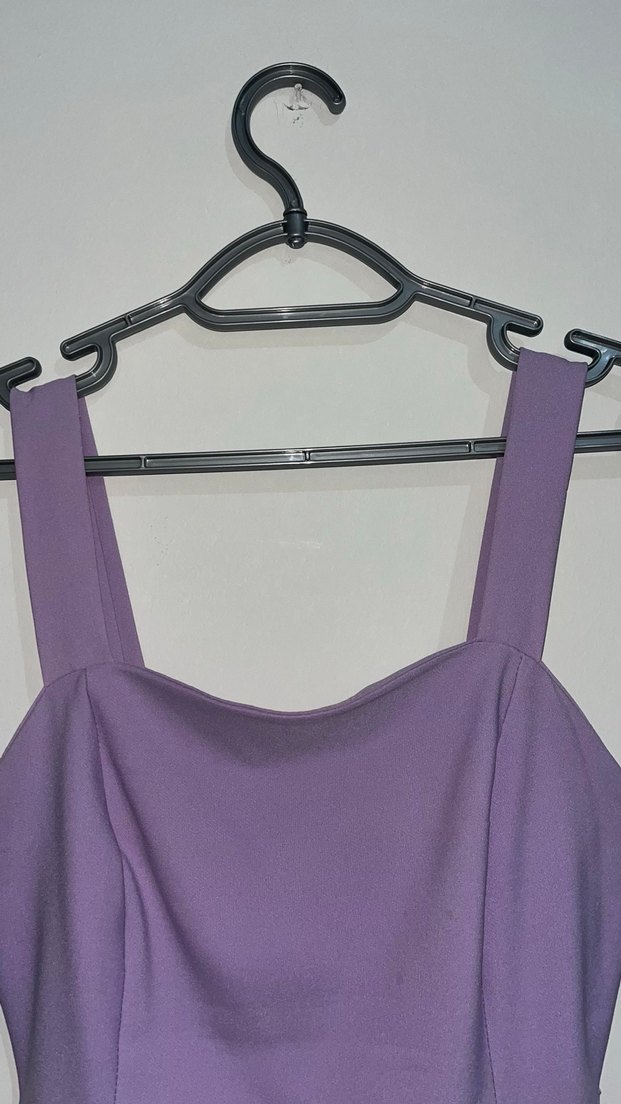 Mor Mini Elbise, Drapeli, İnce Askılı - Görsel 3