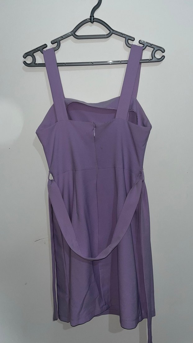 Mor Mini Elbise, Drapeli, İnce Askılı - Görsel 4