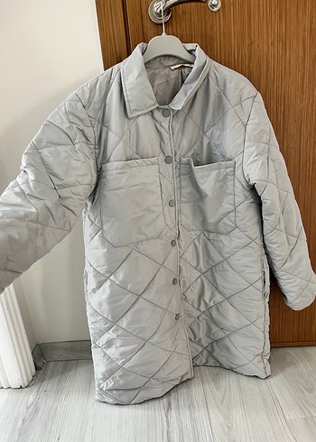 l Beden Düğmeli Gri Midi Street Wear Kadın Mont