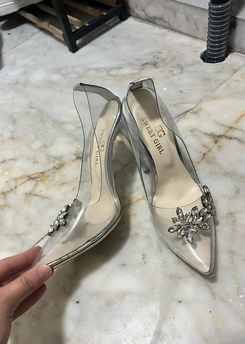Beyaz Taşlı Şeffaf Yüksek Topuklu Kadın Ayakkabı - Görsel 3