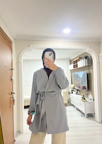 m Beden Kadın Gri Midi Kemerli Trench Coat