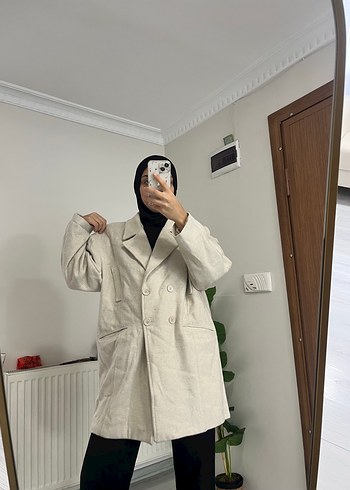 Bej Kadın Keten Midi Ceket Kaban - Görsel 5