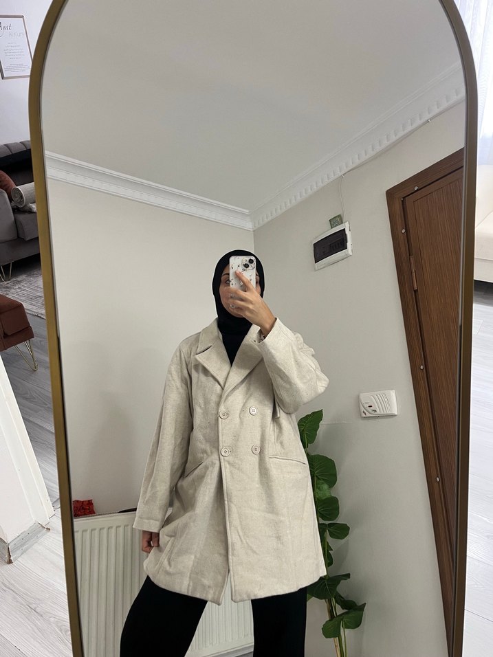 Bej Kadın Keten Midi Ceket Kaban - Görsel 4