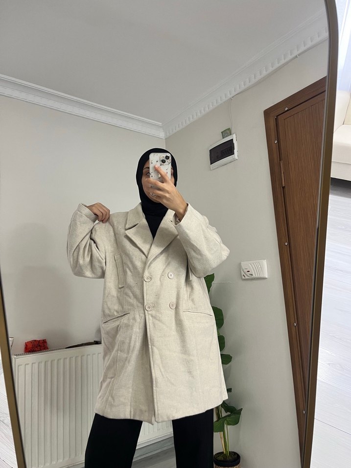 Bej Kadın Keten Midi Ceket Kaban - Görsel 5