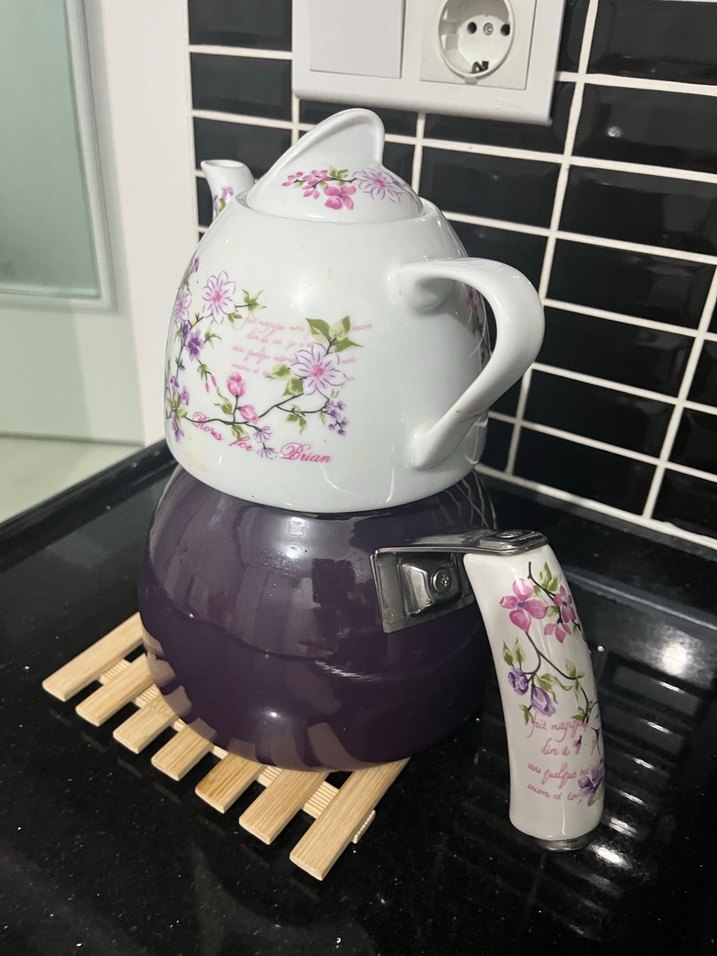 Mor Çaydanlık Seti, Çiçek Desenli Üst Demlik - Görsel 2