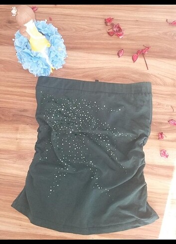 xs Beden haki Renk Önü taşlı yeşil straplez Bluz