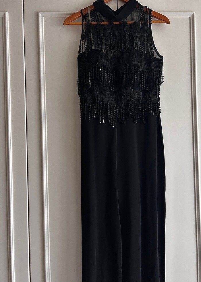 Payetli bol paça kumaş tulum - Görsel 3