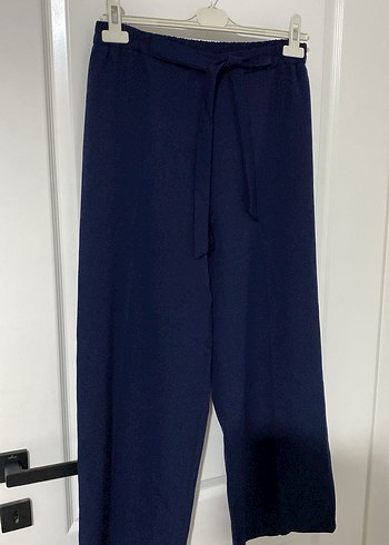 Kadın Lacivert Beli Bağlamalı Rahat Kumaş Pantolon