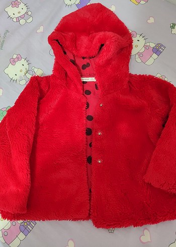 Kız Çocuk Kırmızı Peluş Kapüşonlu Ceket