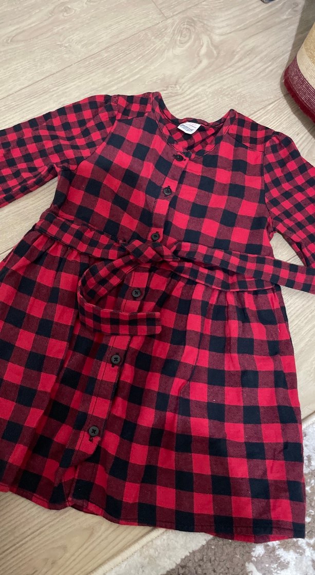 Kırmızı Siyah Kareli Düğmeli Kız Elbisesi - Görsel 2