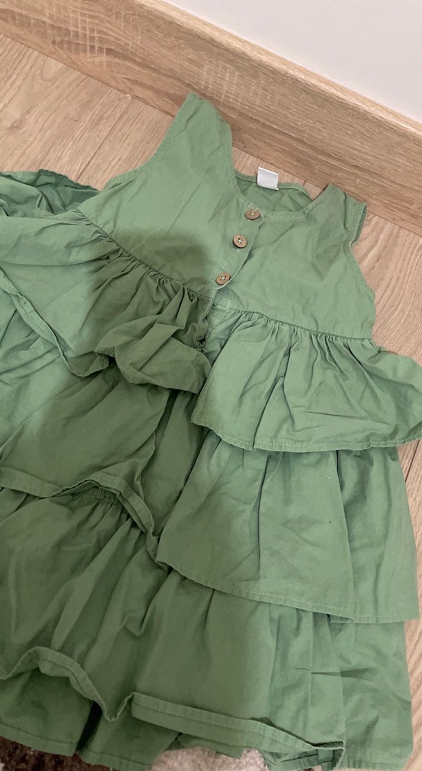 Kız Çocuk Yeşil Keten Fırfırlı Elbise - Görsel 2