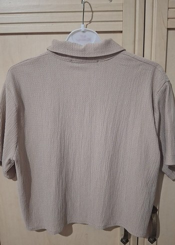 B&Oil Düğmeli Kısa Kollu Bej Keten Kadın Gömlek - Görsel 2