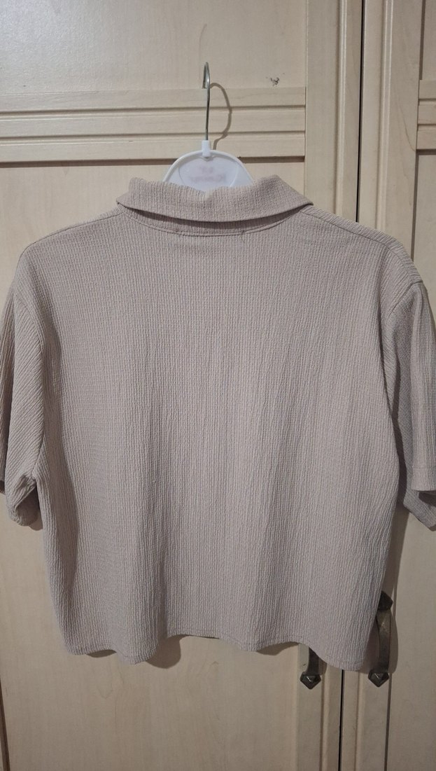 B&Oil Düğmeli Kısa Kollu Bej Keten Kadın Gömlek - Görsel 2