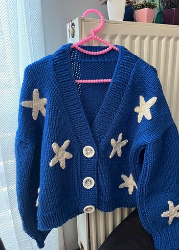 Mavi Yıldızlı Örgü Kadın Hırka - Görsel 3