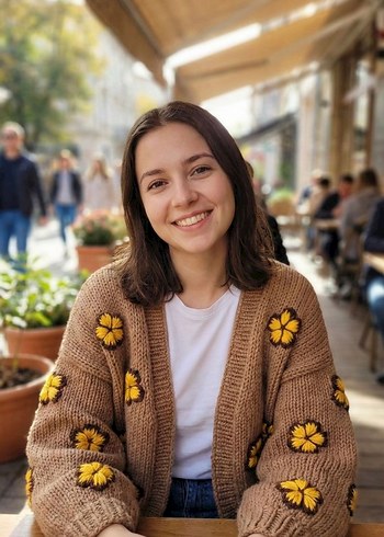 Çiçek Desenli Kahverengi Triko Hırka - Görsel 2