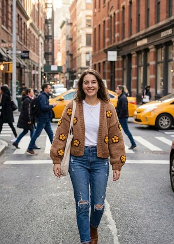 Çiçek Desenli Kahverengi Triko Hırka - Görsel 3