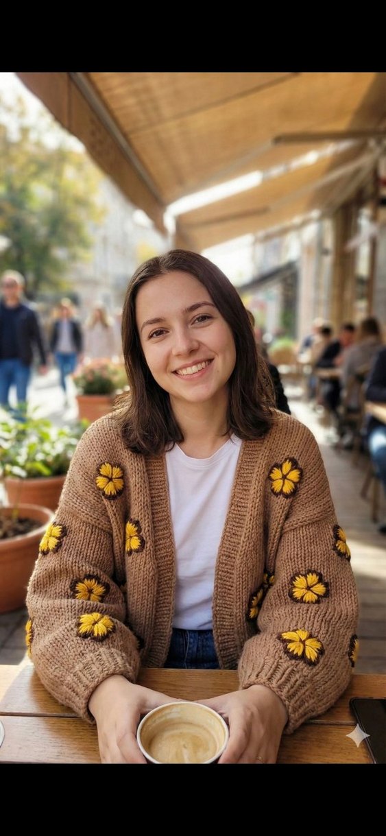 Çiçek Desenli Kahverengi Triko Hırka - Görsel 2