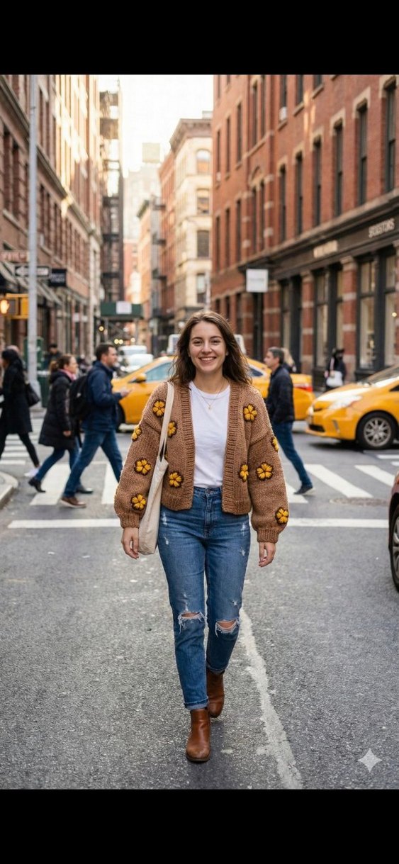 Çiçek Desenli Kahverengi Triko Hırka - Görsel 3