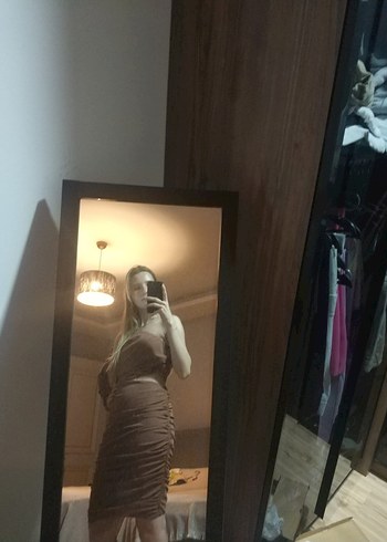 s Beden Drapeli Kahverengi Straplez Bel Dekolteli Tek Omuz Elbise