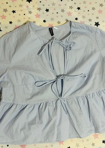 Bebek mavisi h&m marka Keten Bluzu, V Yakalı, Fırfırlı
