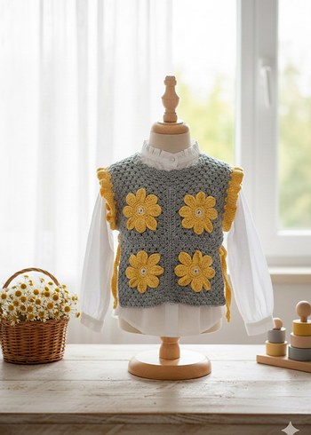 Gri Çiçek Nakışlı Örgü Kız Süveter - Görsel 2