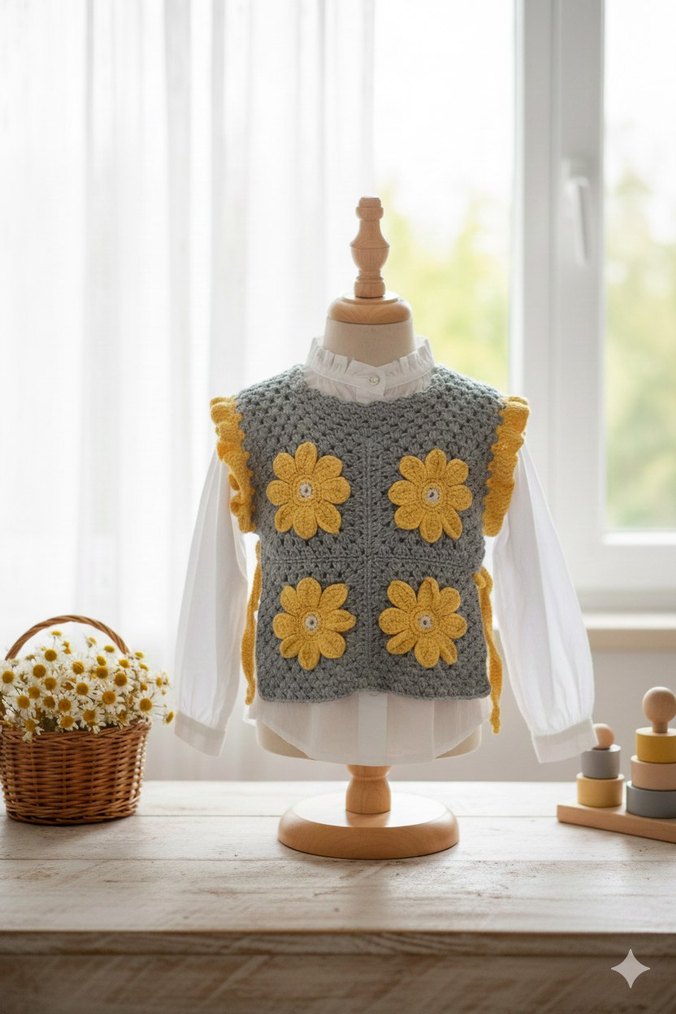 Gri Çiçek Nakışlı Örgü Kız Süveter - Görsel 2