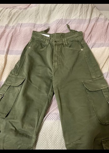 Haki Kamuflajlı Bol Kesim Kargo Kadın Kot Pantolon Jean - Görsel 3