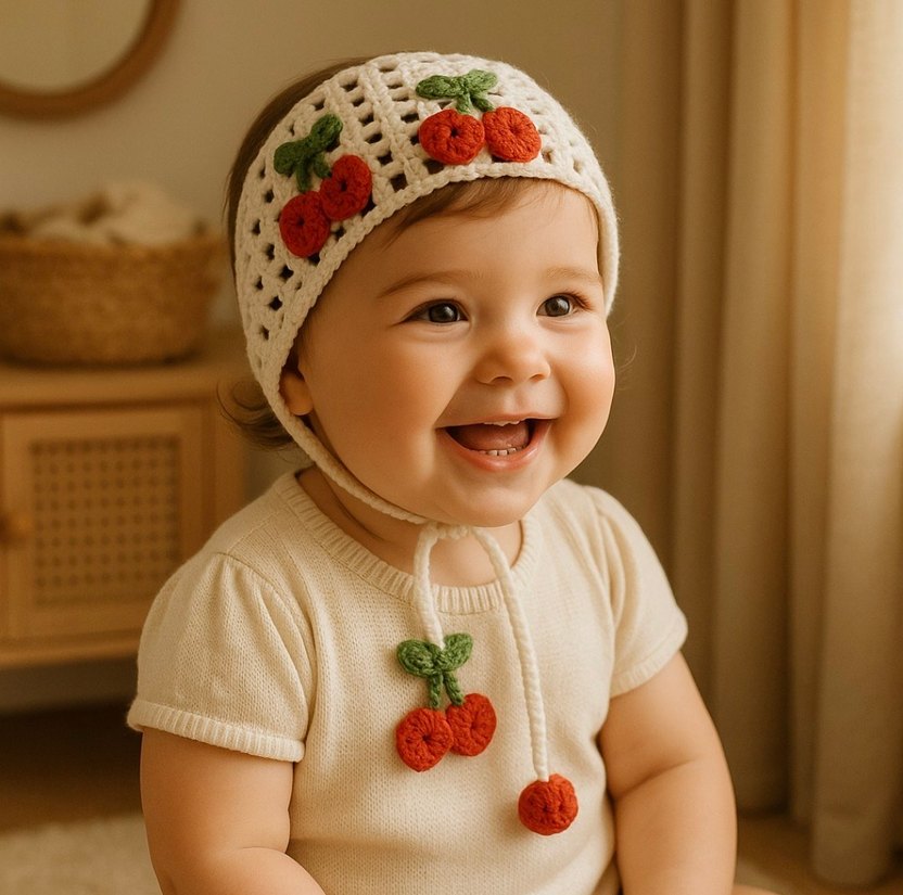 Nakışlı Beyaz Örgü Kirazlı Saç Bandı - Görsel 2