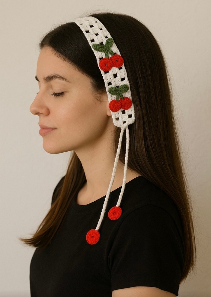 Nakışlı Beyaz Örgü Kirazlı Saç Bandı - Görsel 3