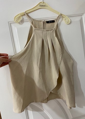 Bej Keten Kadın Bol Paça Pantolon takım - Görsel 4