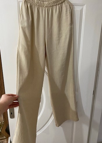 Bej Keten Kadın Bol Paça Pantolon takım - Görsel 3