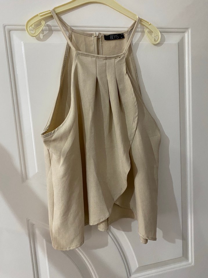 Bej Keten Kadın Bol Paça Pantolon takım - Görsel 2