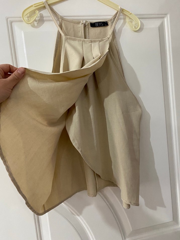 Bej Keten Kadın Bol Paça Pantolon takım - Görsel 5