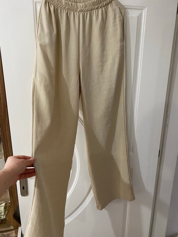 Bej Keten Kadın Bol Paça Pantolon takım - Görsel 3