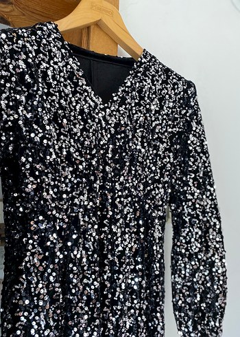 Parlak payetli Siyah Midi Elbise - Görsel 4