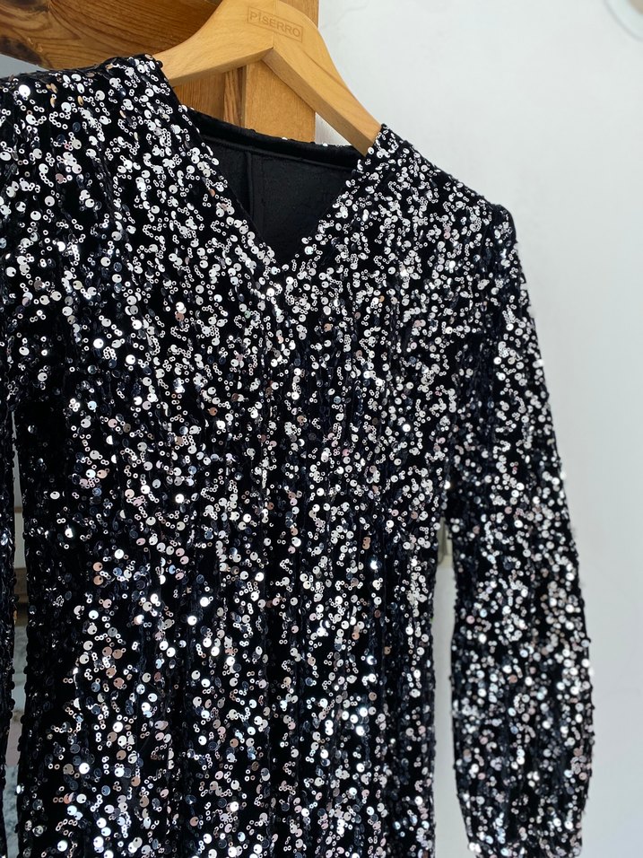 Parlak payetli Siyah Midi Elbise - Görsel 4