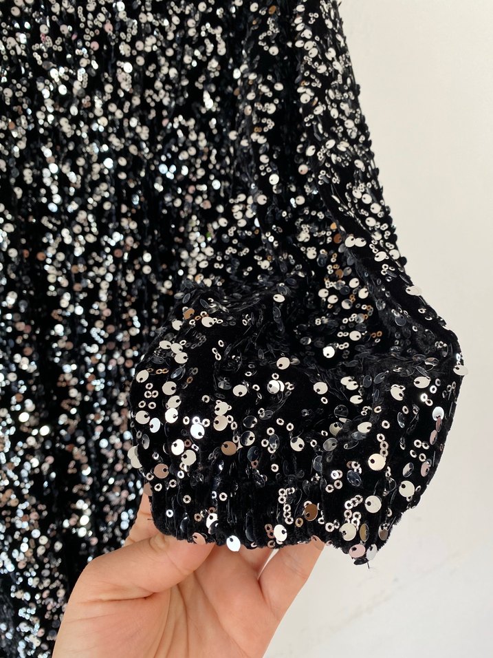 Parlak payetli Siyah Midi Elbise - Görsel 5