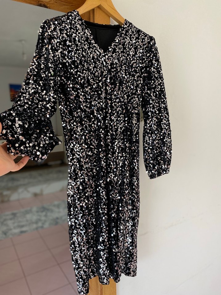 Parlak payetli Siyah Midi Elbise - Görsel 2