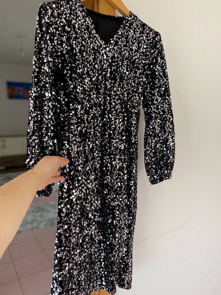 Parlak payetli Siyah Midi Elbise - Görsel 3