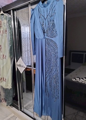 Mavi Uzun Drapeli Abiye Elbise - Görsel 6