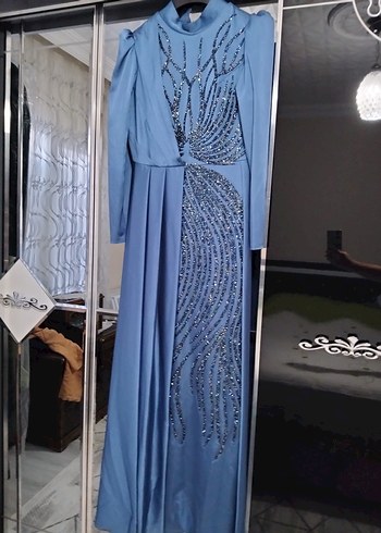 Mavi Uzun Drapeli Abiye Elbise - Görsel 4