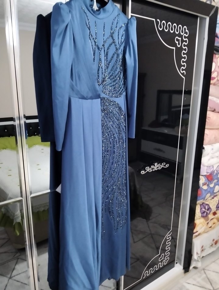 Mavi Uzun Drapeli Abiye Elbise - Görsel 3