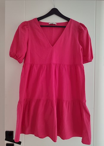Pembe V Yaka Keten Midi Elbise