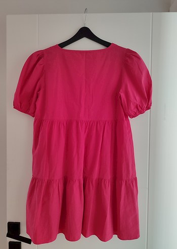s Beden pembe Renk Pembe V Yaka Keten Midi Elbise