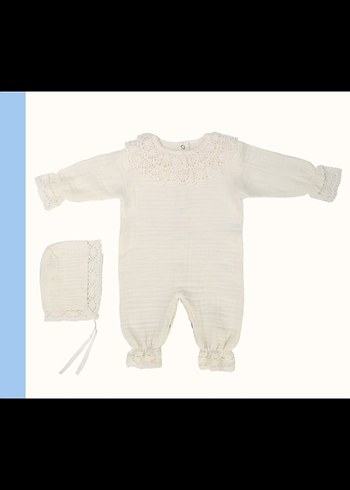 Ekru Dantel Nakışlı Muslin Bebek Kız Tulum
