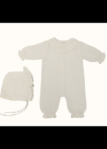 Ekru Muslin Bebek Kız Tulum ve Şapka