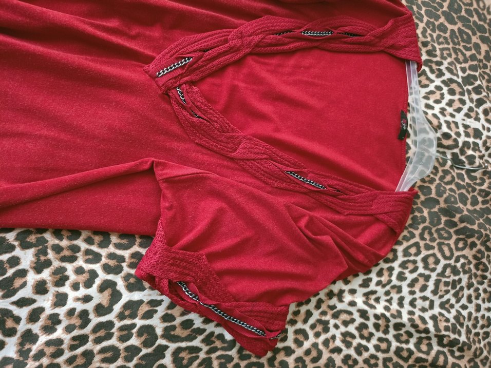 Kırmızı V Yaka Uzun Kollu kalın penye Bluz - Görsel 3