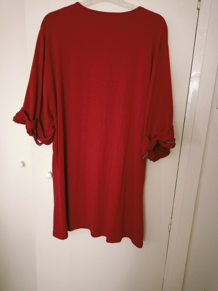 Kırmızı V Yaka Uzun Kollu kalın penye Bluz - Görsel 2