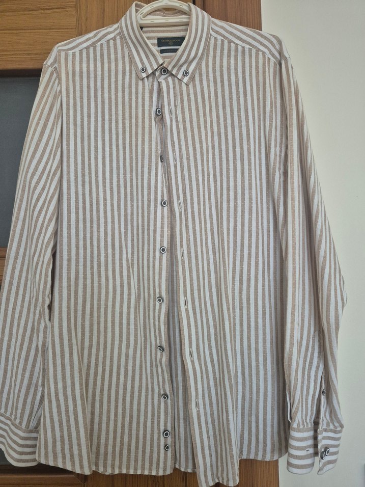 George Hogg Bej Çizgili Keten Erkek Gömlek - Görsel 2